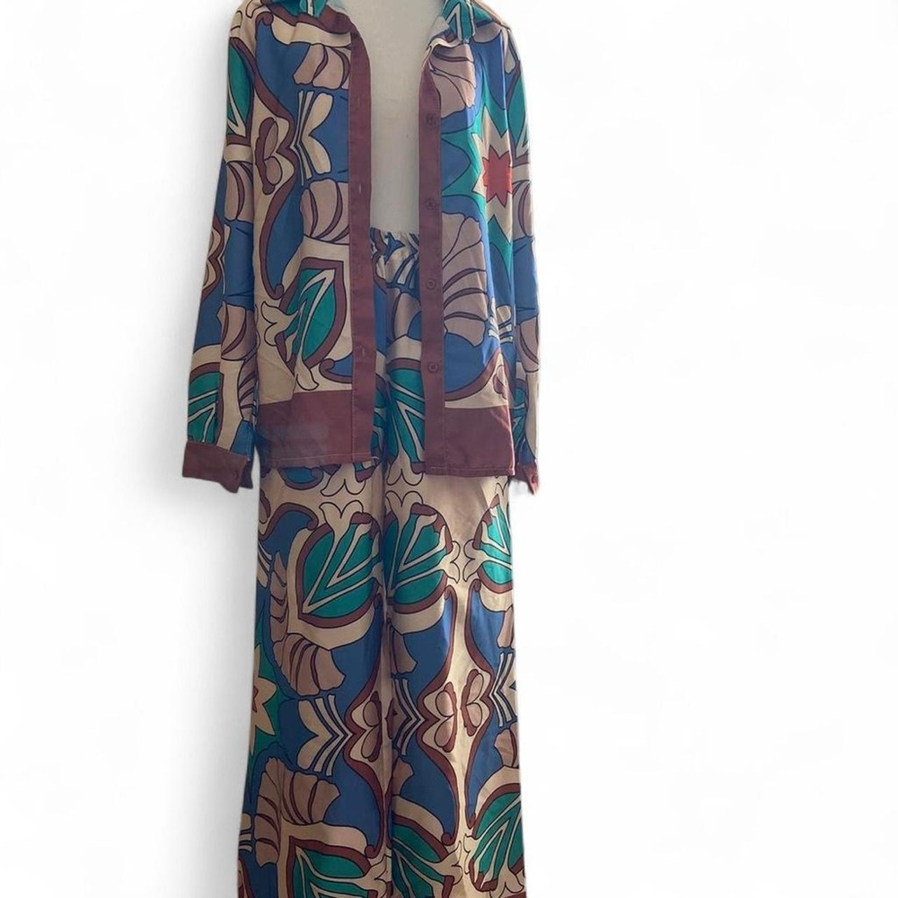 Vintage Floral Two-Piece Set in Teal, Blue & Brown